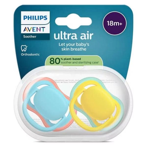 Philips Avent Pacifier Ultra Air Sucettes Orthodontiques en Silicone +18 Mois - 2 Sucettes Bleu/Jaune