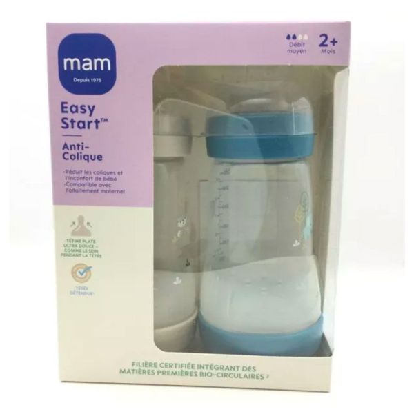 Mam Easy Start Lot de 2 Biberons Anti Colique - Débit Moyen - Âge 2 mois et + - 2x260ml - Couleur : Sable + Océan