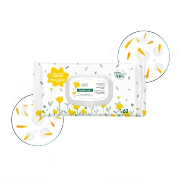Klorane Bébé Lingettes Nettoyantes à l'Eau 60 lingettes – Fibres 100% biodégradables
