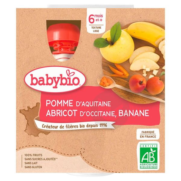 Babybio Pomme Abricot Banane 6 Mois et + Bio - 4 Gourdes de 90 g