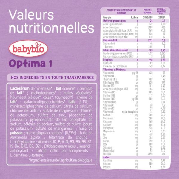 Babybio Optima 1er âge 800 g (0 à 6 mois) Lait pour nourrissons, sans huile de palme et fabriqué en France