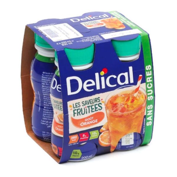 Delical Boisson Sans Sucres Orange - Idéal pour Compléter l'Alimentation - 4 x 200 ml