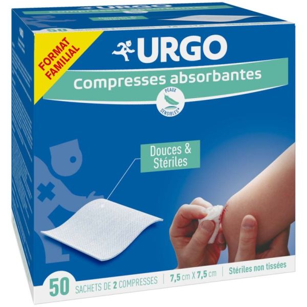 URGO Compresses Absorbantes Douces & Stériles Non Tissées - 7,5cm × 7,5cm - 50 sachets