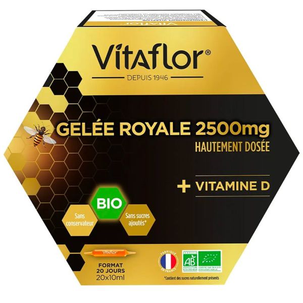 Vitaflor Gelée Royale 2500 mg et Vitamine D Bio - 20 ampoules de 10ml - Défenses naturelles et vitalité