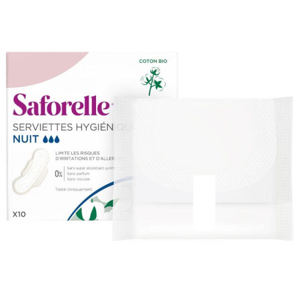 Saforelle Serviettes Hygiéniques Nuit Avec Ailettes Coton Bio 10 unités - Protection Douce et Confortable