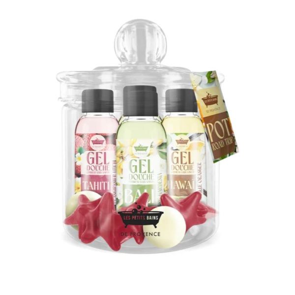 Les Petits Bains de Provence Coffret Road Trip 4 Gels Douche 30ml et 10 Perles de Bain - Nettoie en douceur et relaxe le corps
