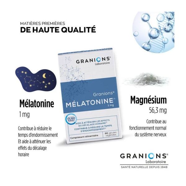 Granions Mélatonine 1mg 60 gélules - Contribue à réduire le temps d'endormissement