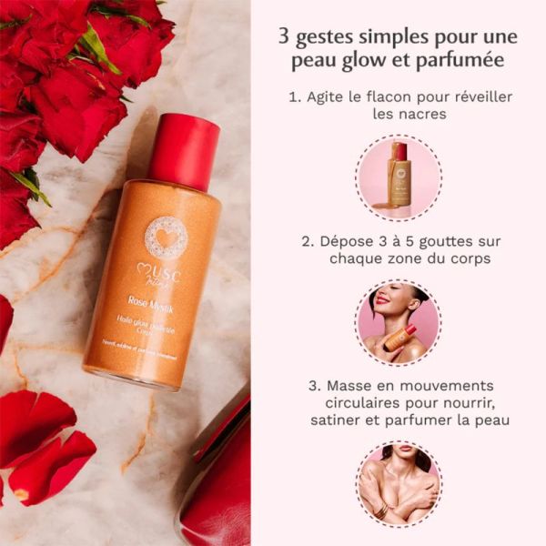 Musc Intime Huile Glow Pailletée Corps Rose Mystik 100 ml – Huile sèche nutritive sublimatrice nacrée