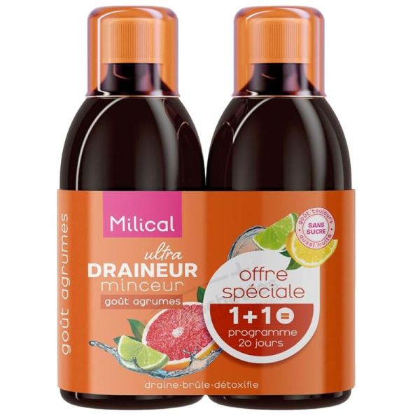 Milical Draineur Ultra Minceur 2x500 ml Agrumes - Brûle les graisses, détoxifie l'organisme, active l'élimination des toxines