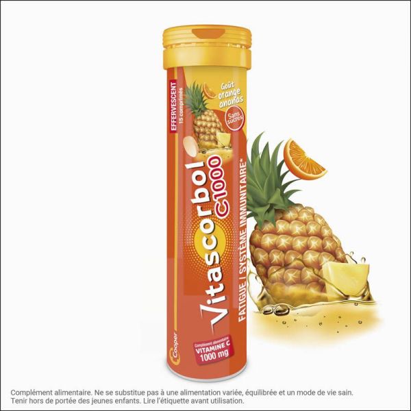 Vitascorbol Vitamine C 1000mg - 15 Comprimés Effervescents - Saveur Orange/Ananas - Boost de vitamine C