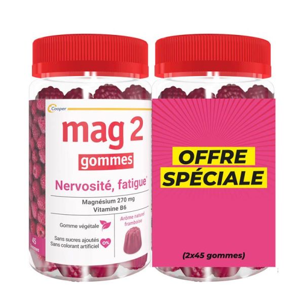 Mag 2 Gommes Nervosité Fatigue - Lot de 2 x 45 Gummie - Goût Framboise - Réduit fatigue et stress
