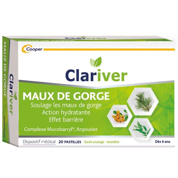 Clariver Maux de Gorge - 15 Pastilles Orange Menthe - Soulage et protège la gorge irritée