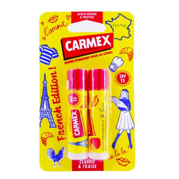 Carmex Baumes à Lèvres Hydratants - Classic et Fraise - Édition Limitée France - SPF 15 - 2 x 4,25 g