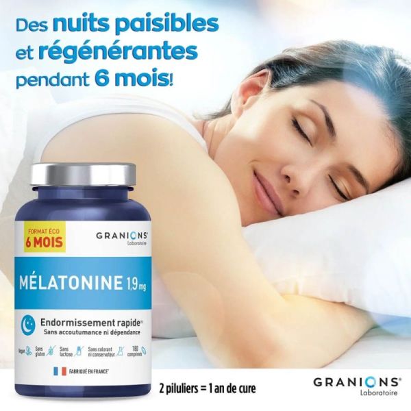 Granions Mélatonine 1,9 Mg 180 Comprimés - Sommeil réparateur, aide à l'endormissement rapide, Pack 6 mois
