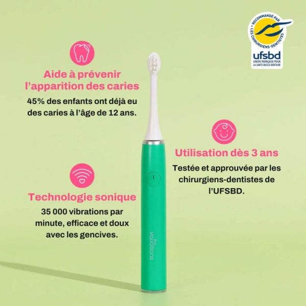 Myvariations Kids Brosse À Dents Électrique Enfant - De 3 à 12 ans - Couleur Vert - 1 unité