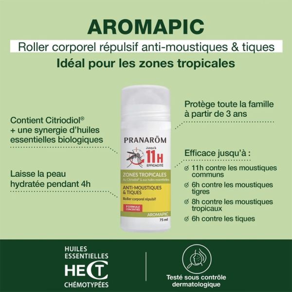 Pranarôm Aromapic Roller Corporel Répulsif Anti-Moustiques & Tiques 75ml – Protection familiale longue durée