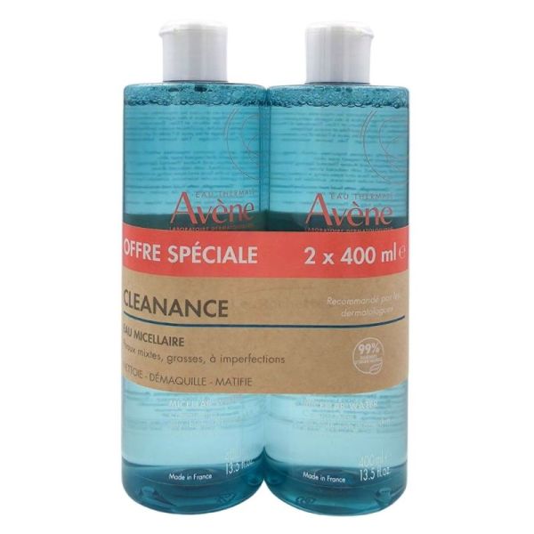 Avène Cleanance Eau Micellaire Offre spéciale 2x400 ml - Démaquille, nettoie et matifie les peaux à imperfections