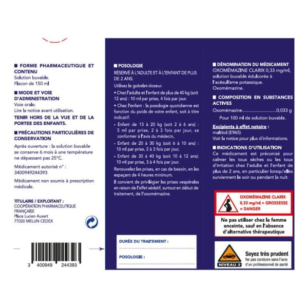Oxomemazine Clarix toux sèche solution buvable édulcorée 150ml - Carbocistéine