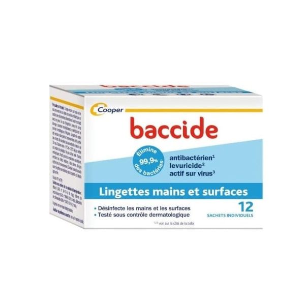 Baccide Lingettes Désinfectantes Mains et Surfaces - 12 Lingettes Individuelles