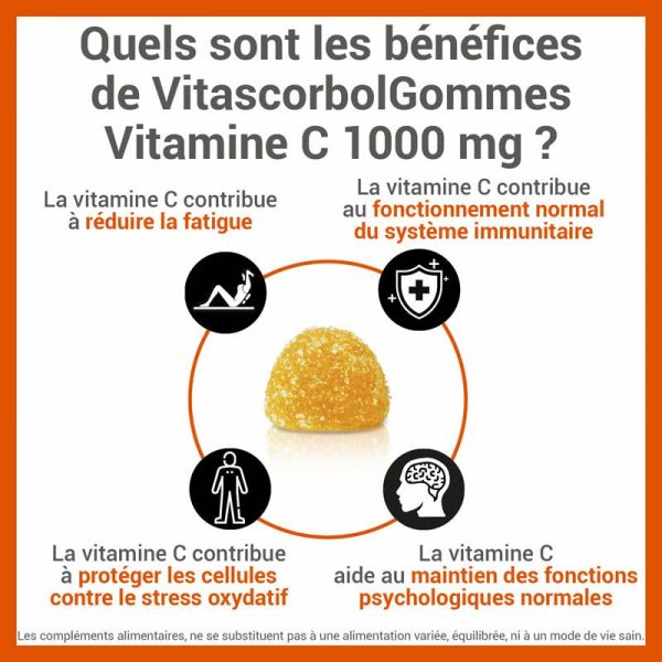 Vitascorbol Vitamine C 1000mg - 30 gommes - Énergie et immunité au quotidien