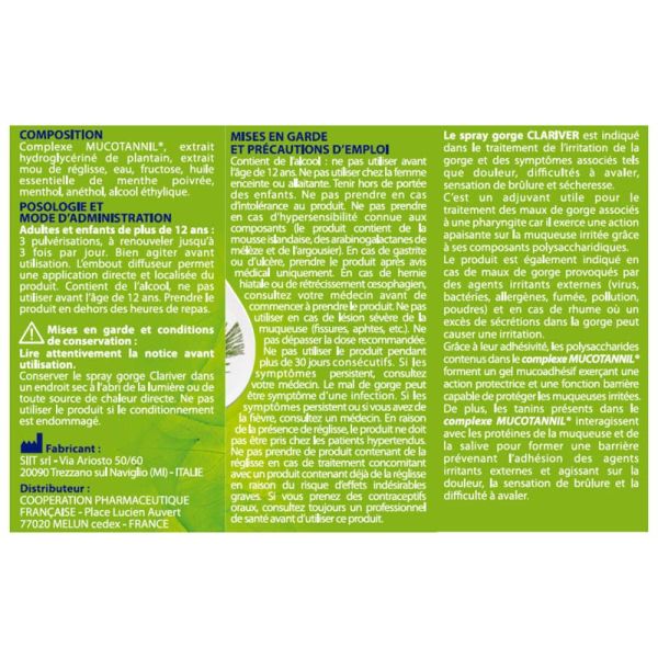 Clariver Maux de gorge - Spray 30ml - Soulage et protège la gorge