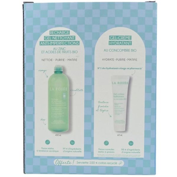 La Rosée Duo Visage Peau Nette Coffret - Recharge Gel Nettoyant 400 ml + Gel-Crème Hydratant 60 ml + Serviette Offerte