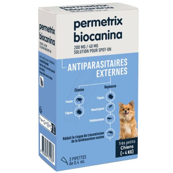 Biocanina Permetrix 200 mg/40 mg Antiparasitaire pour Très Petits Chiens - 3 Pipettes de 0,4 ml
