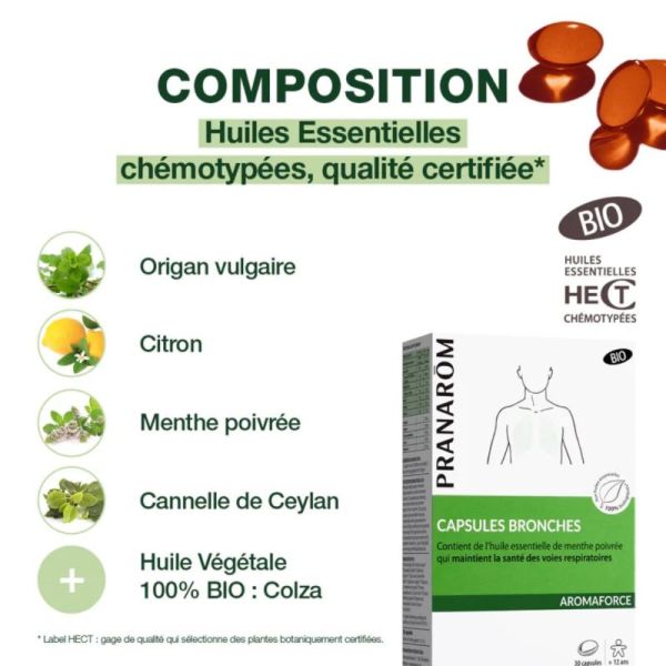 Pranarôm Capsules Bronches aux Huiles Essentielles Bio - 30 Capsules
