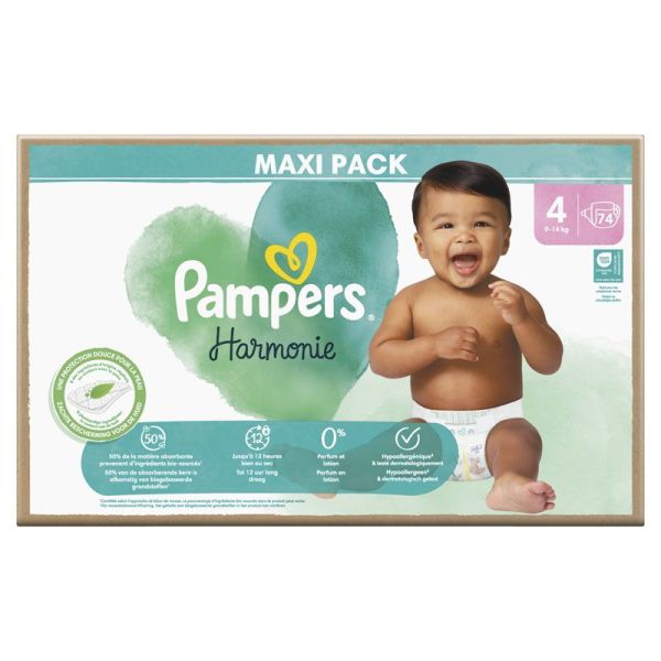 Pampers Harmonie Taille 4 / 9-14kg - 74 Couches Mega Pack - Zéro parfum et lotion, hypoallergénique