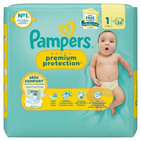 Pampers Premium Protection Couches Taille 1 (2-5kg) X24  - Protège et préserve la peau délicate des nouveau-nés