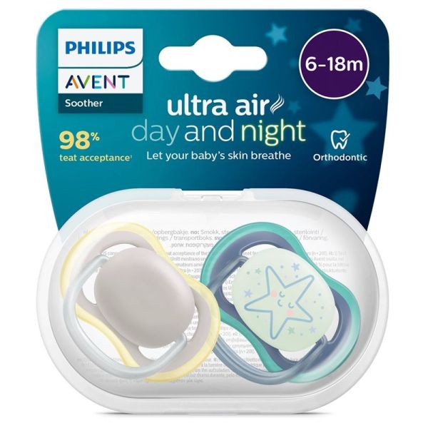 Philips Avent Ultra Air Day and Night Sucettes Orthodontiques en Silicone 6/18 Mois - 2 Sucettes