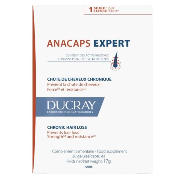 Ducray Anacaps Expert Chute de Cheveux Chronique - Renforce et Aide à la Pousse - 30 Gélules