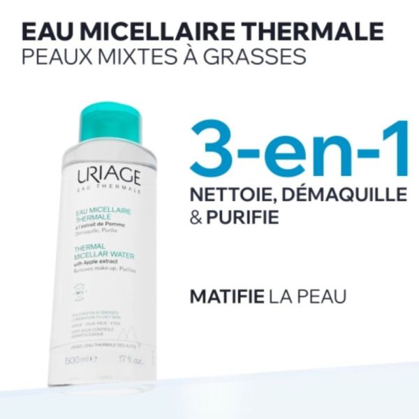 Uriage Eau Micellaire Thermale Peaux Mixtes à Grasses 500 ml - Démaquille et normalise le sébum