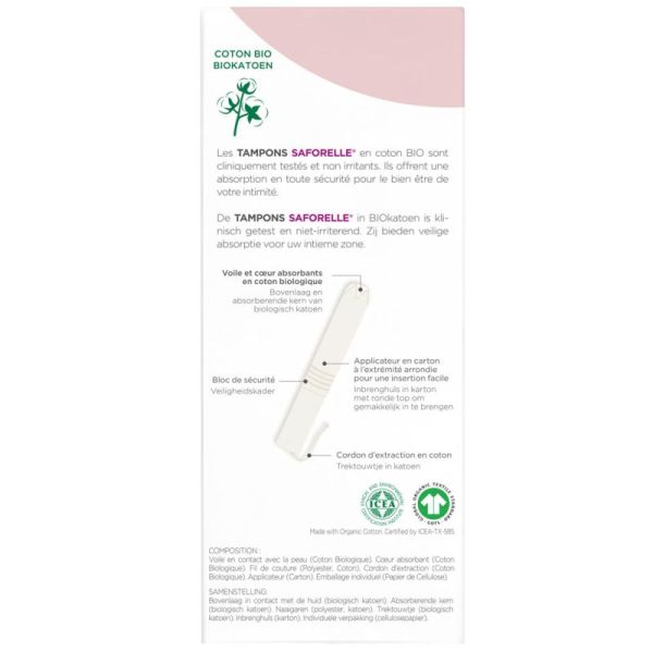 Saforelle Tampons avec Applicateur en Coton Bio - Absorption super, 14 unités - Limite les risques d'irritations et d'allergies