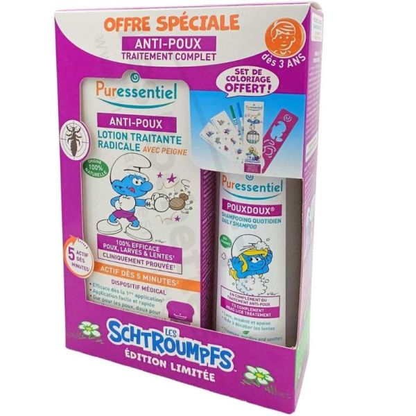 Puressentiel Traitement anti-poux pour enfant complet lotion + shampooing – élimination radicale des poux et lentes - édition limitée Les Schtroumpfs
