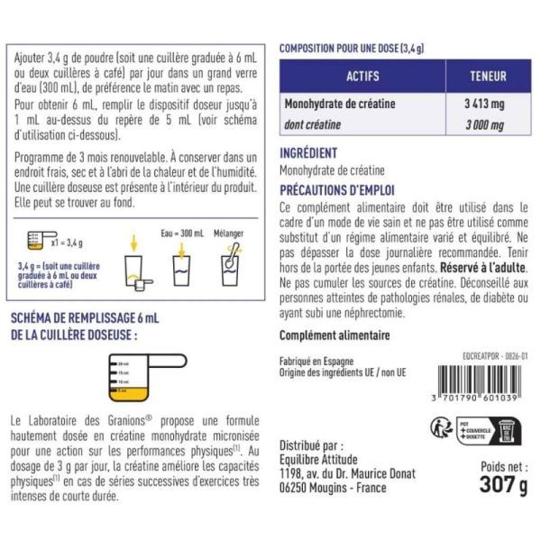 Granions Créatine Monohydrate 3000 mg 90 jours - Capacités physiques et musculaires