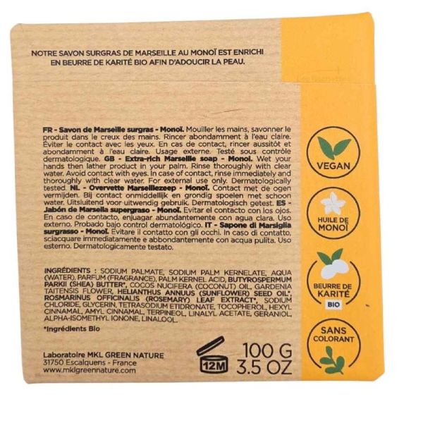 MKL Green Nature Savon Surgras de Marseille Monoï 100g - Nettoie et adoucit la peau en douceur