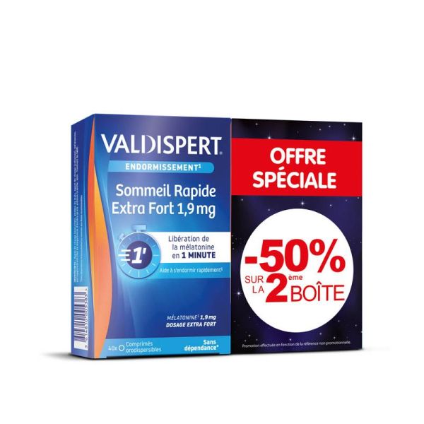 Valdispert Sommeil Rapide Mélatonine 1,9mg - Lot de 2 x 40 comprimés orodispersibles - Endormissement en 1 minute