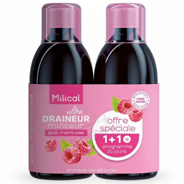Milical Draineur Ultra Minceur 2x500 ml Framboise - Brûle les graisses, détoxifie l'organisme, active l'élimination des toxines