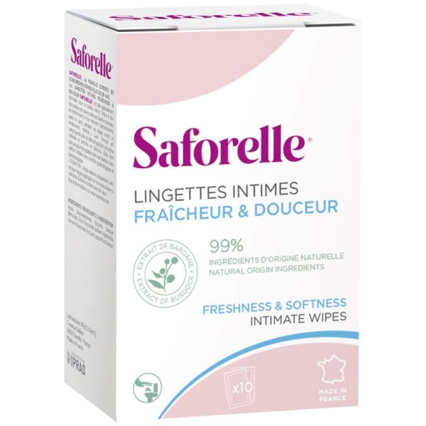 Saforelle Lingettes Intimes Ultra Douces x10 (Sachets individuels) - Lingettes biodégradables apaisantes à la Bardane
