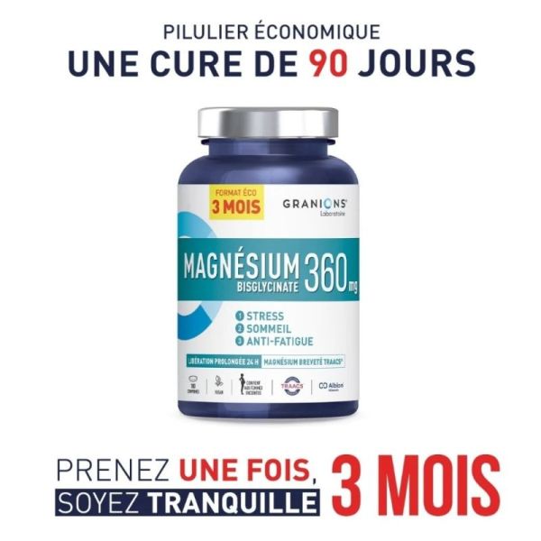 Granions Magnésium Bisglycinate 360 mg 180 comprimés - Anti-fatigue, réduit le stress et améliore le sommeil