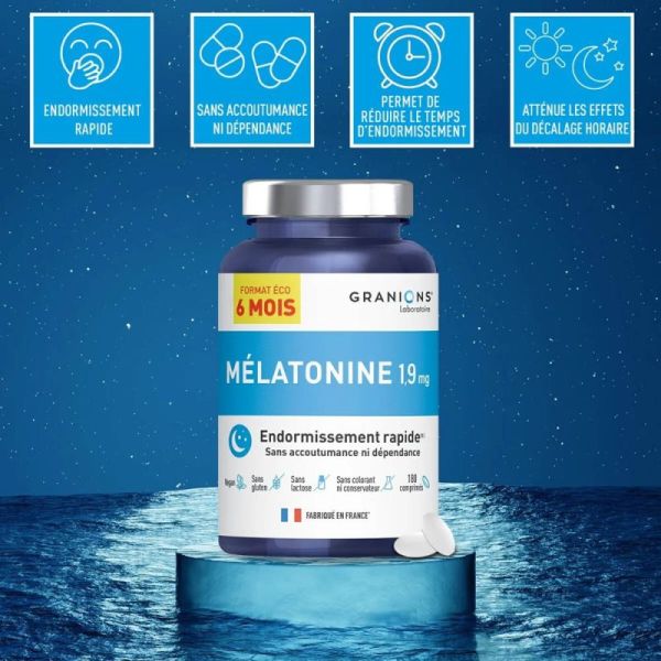 Granions Mélatonine 1,9 Mg 180 Comprimés - Sommeil réparateur, aide à l'endormissement rapide, Pack 6 mois