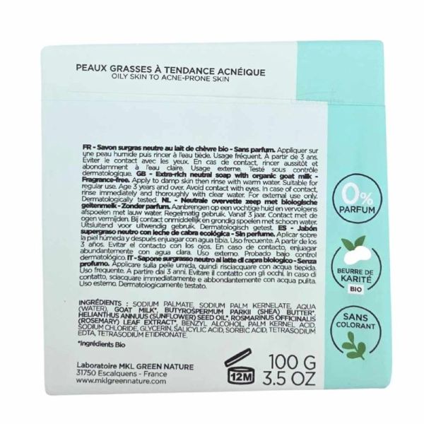 MKL Green Nature Lait de Chèvre Savon Surgras Purifiant Neutre Sans Parfum 100 g - Pureté et haute tolérance des peaux grasses à tendance acnéique
