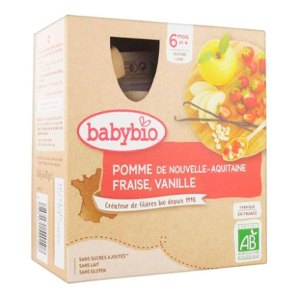 Babybio Pomme Fraise Vanille 6 Mois et + Bio - 4 Gourdes de 90 g