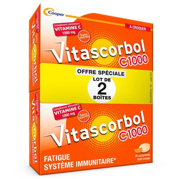 Vitascorbol Vitamine C 1000mg - 2 x 20 Comprimés à Croquer - Vitalité et Défenses Naturelles à Croquer