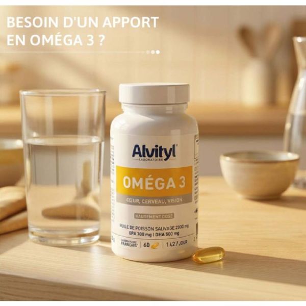 Alvityl Oméga 3 Huile de Poisson Sauvage - Complément alimentaire fonctions cardiaque cérébrale et vision 60 capsules