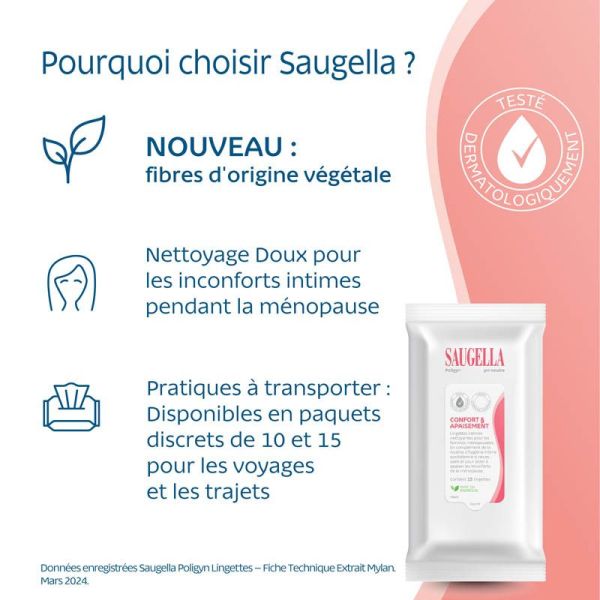 Saugella Poligyn Lingettes intimes - 15 lingettes - Fraîcheur et confort au quotidien