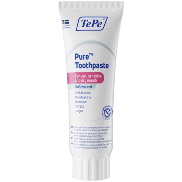 TePe Pure Dentifrice Avec Fluor - Dès 7 Ans - 75ml - Sans Saveur - Pour gencives sensibles et bouche sèche