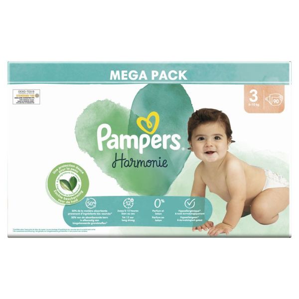 Pampers Harmonie Taille 3 / 6-10kg - 90 Couches Mega Pack - Zéro parfum et lotion, hypoallergénique