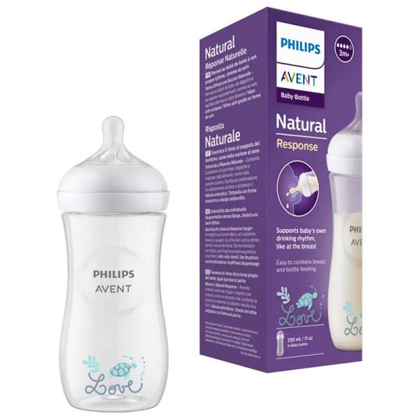 Avent Natural Response Biberon Love Tortue - Débit 4 - 3 mois et plus - 330ml